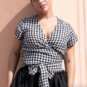 NotPerfectLinen NPL Madrid Top Lightweight Black Gingham Small 3/4 Long Sleeves